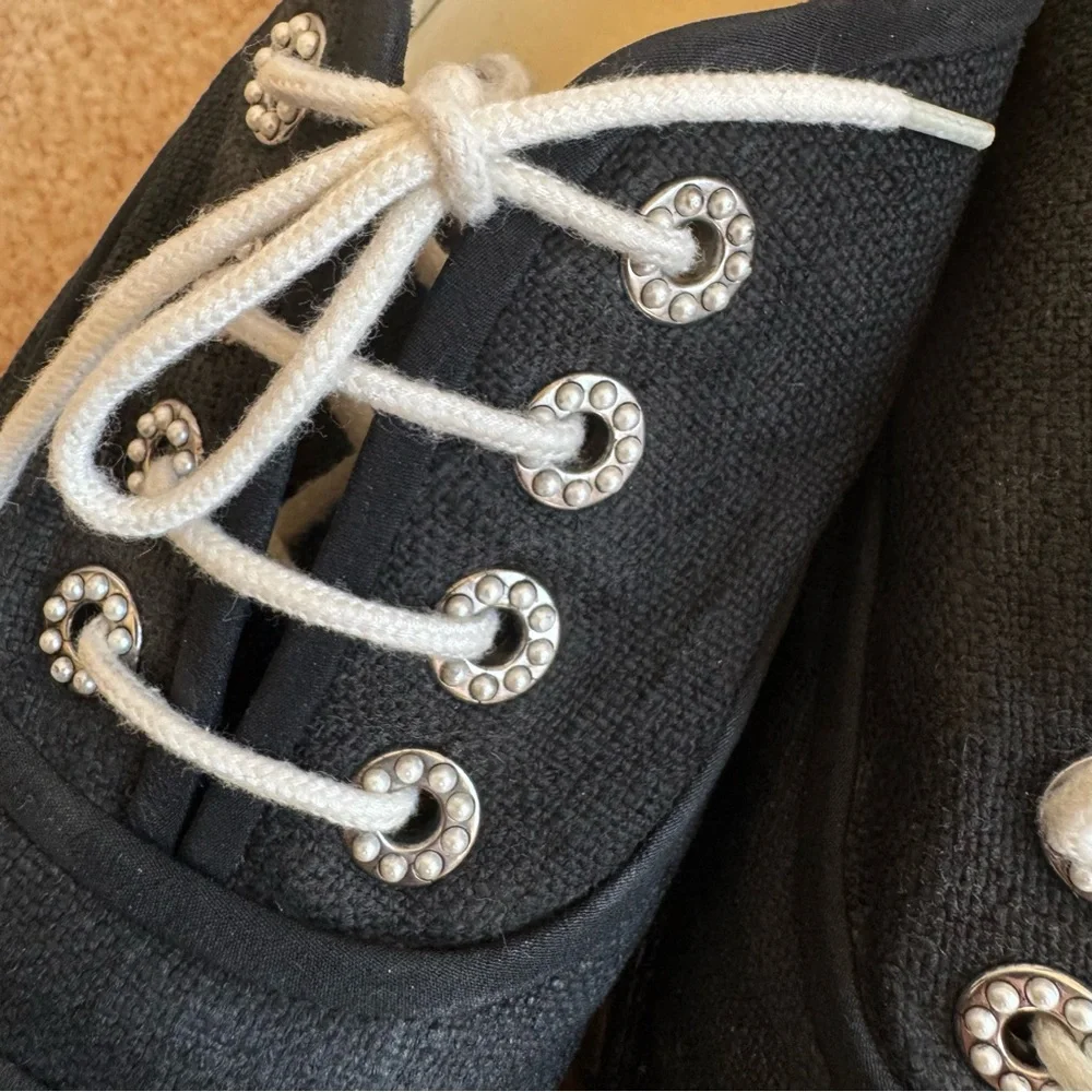 Chanel Lace Up Cotton Loafers Espadrilles 41 Black White